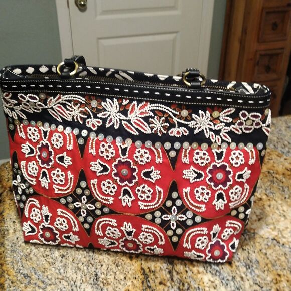 Isabella Fiori Beaded Sequined Canvas Leather Black Red Handbag Tote Bag - Picture 5 of 16